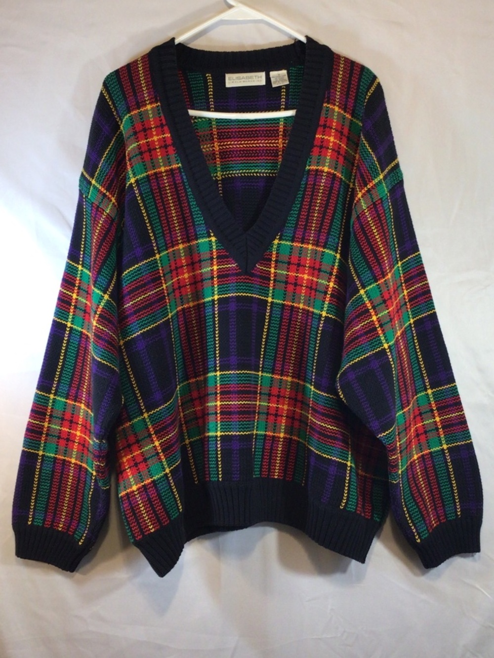 Vintage Elisabeth Liz Claiborne Plaid Sweater Size 3 Cotton Knit V Neck Grandpa